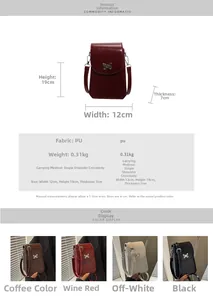 Detailed size chart and multi-color options for the butterfly PU crossbody phone bag