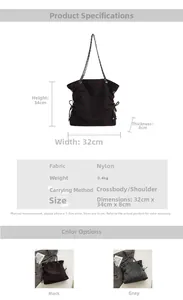Detailed view of polka dot nylon tote bag showing chain strap and dimensions