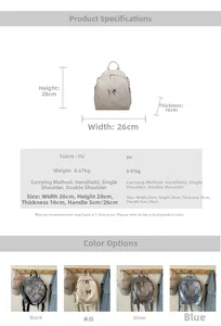 Detailed dimension guide and color selection for the quilted PU leather backpack bucket bag