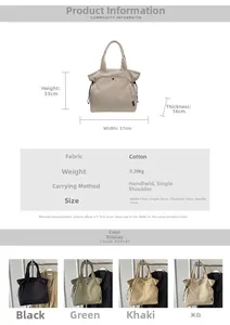 Detailed size specifications and color comparison of large canvas shoulder tote bag