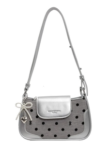 Silver leather and grey polka dot fabric small shoulder bag with pearl bow and heart charm