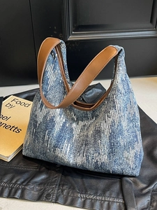 Blue denim texture tote bag with sparkling silver sequins and brown faux leather straps