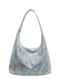 Light blue canvas hobo bag with silver sequin wavy patterns and metal trim