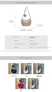 Detailed size chart and multi-color view of a large capacity crescent crossbody bag