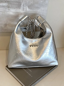 Silver metallic pleated hobo bag with heart rivets and chain strap for women