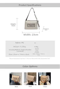 Detailed spec sheet of PU shoulder bag with size 23x15x8cm and scarf handle detail