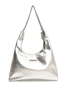 Silver metallic Hobo tote bag with chain strap and four heart-shaped metal accents