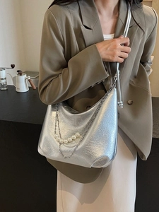 Borsa Hobo di Grande Capacità da Donna in Pelle PU Pieghettata con Decorazione Catena di Künstliche Perle Borsa a Tracolla Casual Urbano