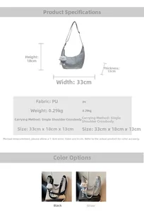 Hobo crescent bag dimensions showing 33cm width and 18cm height in black and silver PU