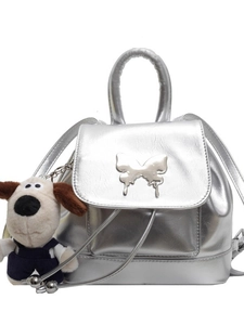 Sac à dos argenté métallisé pour femme avec boucle papillon et breloque chien mignonne