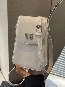 Minimalist white PU leather crossbody phone bag with a silver butterfly metal buckle clasp