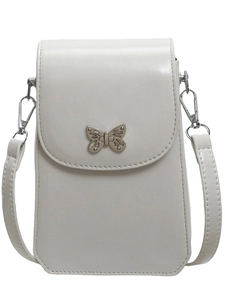 Elegant cream-white crossbody phone bag with silver butterfly charm and litchi texture