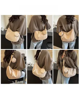 Multi-angle view of beige moon crossbody bag with circular coin pouch and wide strap