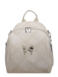 Stylish cream-white quilted backpack with silver butterfly logo and multi-pocket design