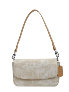 Beige jacquard rectangle shoulder bag with landscape pattern and brown leather strap