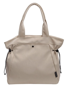 Large beige canvas tote bag with side drawstrings and snap button for daily commute