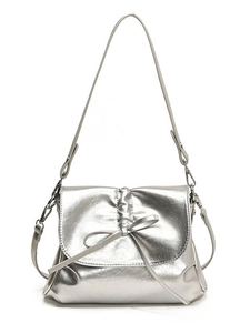 Silver pleated bucket bag for women with a crackled texture and bow decoration