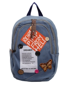 Blue denim backpack with vintage patches, embroidery butterfly and dual zippers