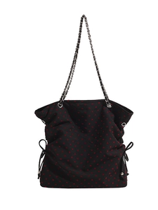 Large capacity black canvas tote bag with red heart pattern and silver chain strap