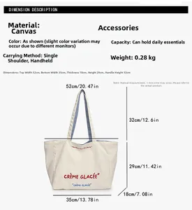 Size chart showing large canvas tote bag dimensions 52x35x29cm with weight and strap details