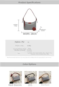 Size chart showing large capacity underarm bag dimensions 28x17x8.5cm and PU fabric details