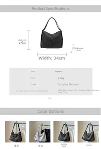Detailed size chart and specifications for large polka dot bow tote bag and backpack
