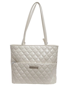 Beige quilted tote bag with diamond pattern and metallic logo for stylish women commute