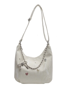 Sac fourre-tout blanc avec perles et strass papillon, bandoulière réglable pour femmes