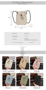 Size guide and detailed specifications for nylon drawstring crossbody bags in six colors