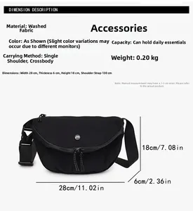 Detailed size chart of black washed canvas crossbody bag with adjustable straps