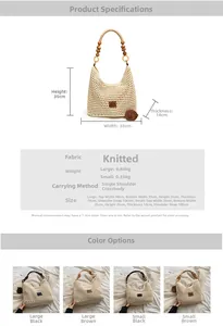 Size comparison and material details of hand-woven hollow knit beach bags with wood beads