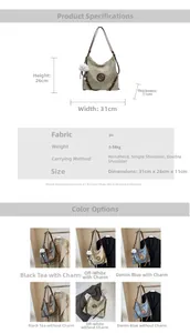 Detailed view of large PU leather tote showing dimensions, M-logo, and multiple carry styles