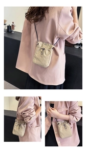 Three views showing a beige drawstring mini crossbody bag for phone with black straps