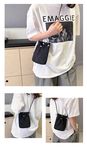 Three-angle views showing the black mini drawstring crossbody bag with adjustable strap