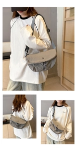 Detailed views of grey nylon saddle bag showing adjustable strap and zipper pockets
