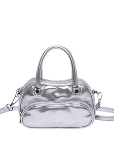 Silver metallic crossbody bag with dual handles and pleated texture finish