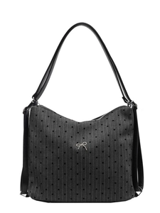 Black striped tote bag with heart patterns and silver metal bow detail in main view