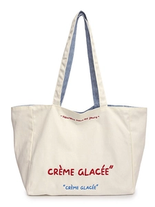 Large capacity canvas tote bag with striped handles and French embroidery text print