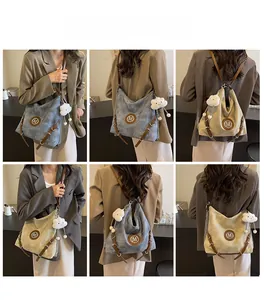 Detailed views of versatile canvas backpack in grey and beige with soft plush cloud charm
