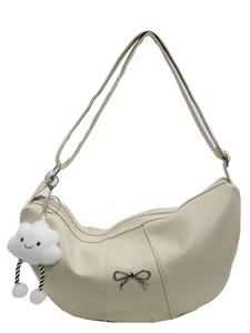 Beige half-moon crossbody bag with silver metal bow and cute cloud plush charm