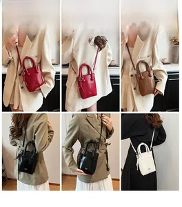 Collage de mini sacs seaux en cuir verni rouge, marron, noir et blanc portés par un modèle