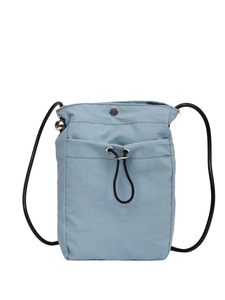 Minimalist light blue crossbody phone bag with black adjustable drawstring and slim strap