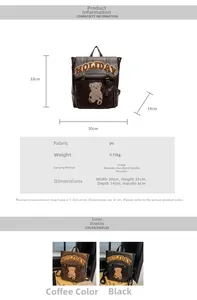 Infographic showing vintage PU leather backpack dimensions with bear embroidery detail