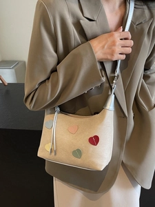 Women's Korean Fashion Heart Pattern PU Leather Hobo Bag With Silver Metal Handle Sweet Underarm Shoulder Bag For Daily Use