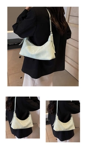 Detailed views of light green shoulder bag with pleated leather texture and silver logo