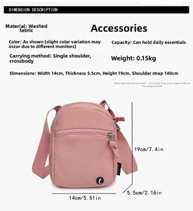 Detailed dimensions of pink crossbody bag in water-washed cloth fabric