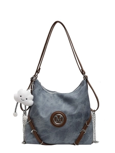 Retro blue-gray large capacity women tote backpack with M badge and plush pendant