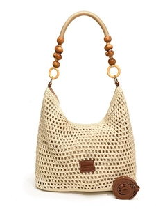 Fashionable hollow mesh woven tote bag with wooden bead handle and brown leather tag
