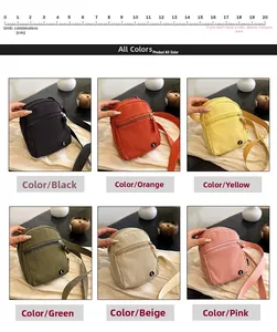 Detailed view of casual canvas shoulder bags in six colors with double zippers and straps