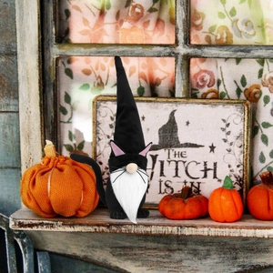 Dettaglio dello gnomo di Halloween con orecchie di gatto su un davanzale in legno rustico
